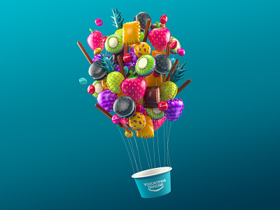 Danone 3d ad advertising air balloon balloon barcelona blue cinema4d kiwi love pineapple vray