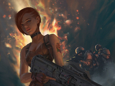 Searching for the enemies art digital 2d digital illustration digital painting fire girl girl illustration gun illustration painting sci fi soldiers
