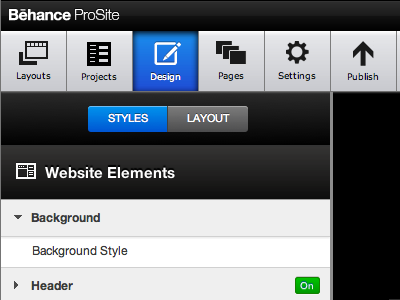 Behance ProSite Navigation - Design Tab