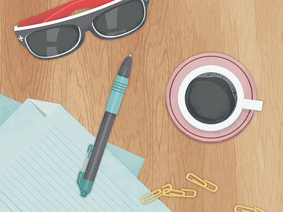 Illustration of my desk coffee desk glasses illustration paper pen sun wood