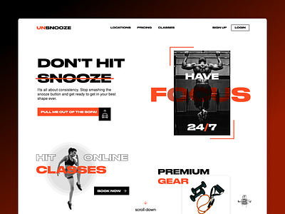 unsnooze |Landing page branding color dailyui design graphicdesign gym landingpage minimal sports sports page ui uidesign ux webdesign webpage website