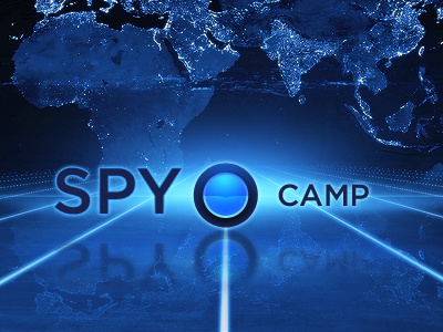 Spy Camp blue futuristic globe logo reflective spy camp