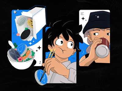 #085 anime bitcoin black blue cartoon crypto exchange fan fast food food illustration japan litecoin