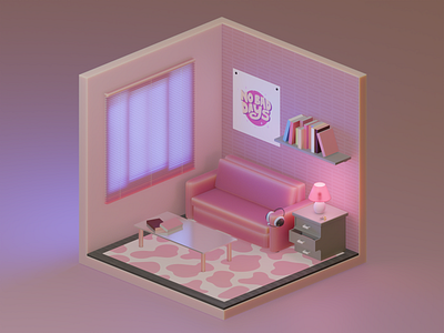 #116 First Isometric Room / Blender 3D 3d blender dribble flat illustration isometric low poly pink pop room sofa table window