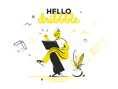 #001 Hello, Dribble. abstract black dribble easy flat hello hello dribble hello world illustration laptop man monochrome notebook simple vector yellow