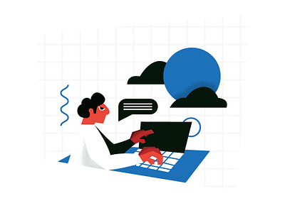 #015 In Blue Colors abstract black clouds dribble flat illustration laptop man notifications office sky sun worker