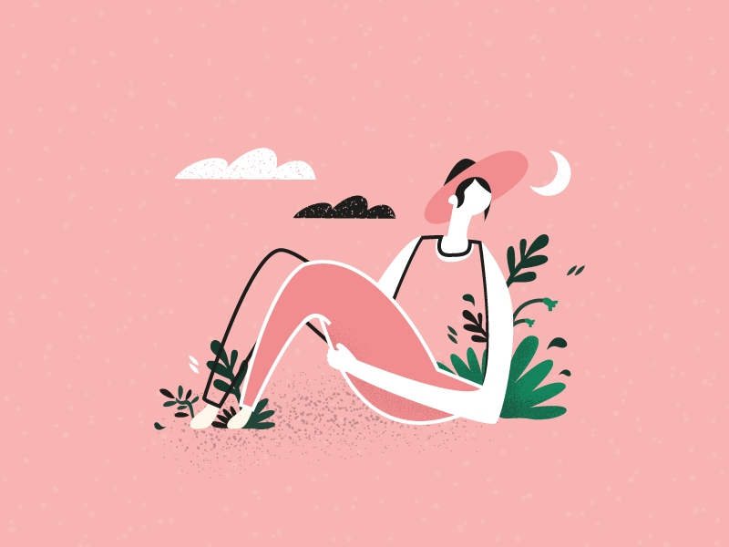 #023 clouds moon nature pink girl woman easy 2d monochrome vector design abstract black illustration flat dribble