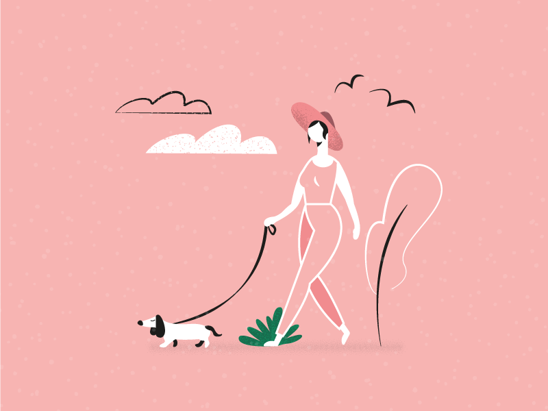 #025 girl pink nature street clouds walking birds dog characterdesign 2dart digitalillustration 2d monochrome vector glasses design black illustration flat dribble