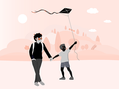 Dad and Son Quality Time dribbble father graphic illustration happy family happy kid hero area kite mountains nature park son trees trends uidesign uidesigner vector art vegetation youth