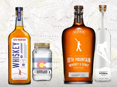 10th Mountain Whiskey Bottle Designs 970 design bottles bourbon colorado moonshine mountain package ski spirits topo whiskey