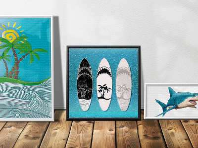 3 quadros Shark Surfboars illustration interiordesign shark surfboards tropical wall