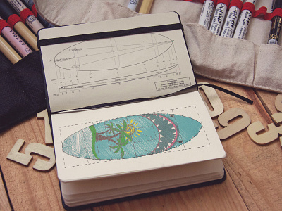 Shark Surfboards no caderno de desenho.