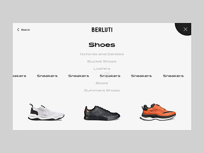 Berluti Menu with marquee effect animation app concept creative design ecommerce experience fashion interaction marquee mask menu principle product shoes shop store ui web website