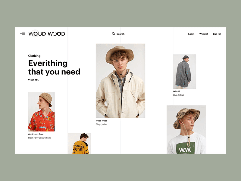 Wood Wood Menu animation category clean concept design ecommerce fashion full-width grid hover interaction menu minimal principle product transition typography ui ux web