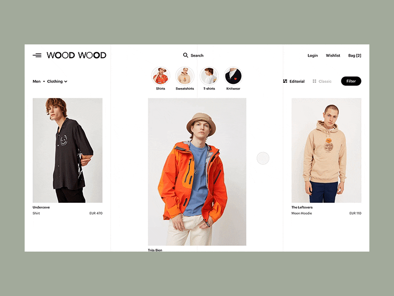 Wood Wood Category Page animation category concept design detail ecommerce fashion filter grid interaction listing page parallax principle product transition typography ui ux web