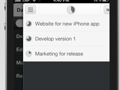 Fokus app fokus iphone menu minimal navigation pie project management task ui