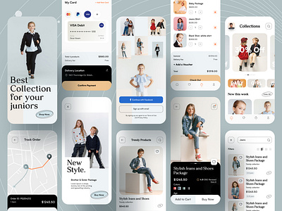 Junior Fashion App UI UX Design 2021 trend app best shot card clothing brand delivery design ecommerce app ios junior fashion man fashion mobile app design ondemandapp online shopping payment typography ui ui design ux women fashion