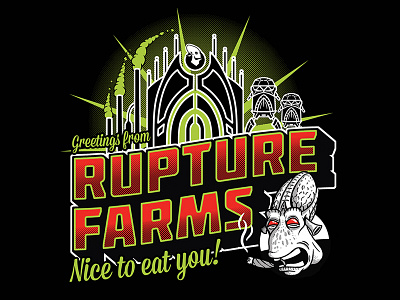 Greetings From Rupture Farms abe gaming greetings illustration oddworld postcard travel tshirt vintage