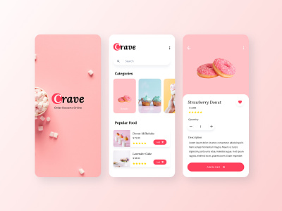 Crave Online Food App adobe xd app app design dailyui design dessert food food app mobile mobile app mobile design mobile ui pink red ui ui design
