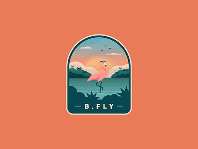 B. FLY badge badge logo brand branding flamingo flat glasses icon identity illustration logo minimal nature simple stamp trees vector