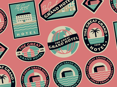 The Great Grand Hotel badge badges brand branding clean globe hotel icon identity identity design logo logotype palmtree sea sun typography