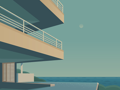 New Crib architecture building house illustration illustrator minimal modern moon ocean pool summer sun sunset