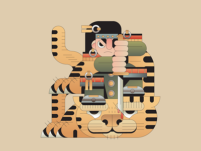 Hunter animal geometric gradient monoline samurai shape sword tiger warrior