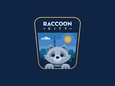 Raccoon City badge badge logo canda city cute icon illustration minimal raccoon sky sun toronto