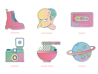 Personal Icons asian food cartoons cassette tape fashion icons design illustration lomography music photography planets ramen simpsons travel vector