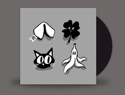 September // Hello Violet - Bad Luck 2d bad luck banana peel black cat clover fortune cookie illustration minimal monochrome music procreate vinyl vinylart