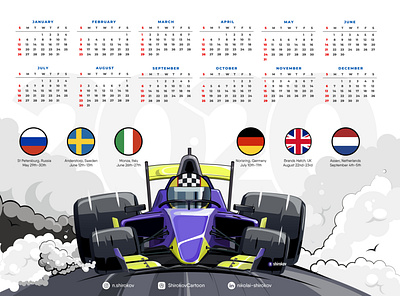 Calendar branding calendar caricature cartoon f1 illustration logo racecar raceway sport sport logo typography