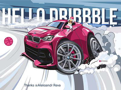 Hello Dribbble bmw caricature cartoon design draw dribbble invite drift illustration invite merrychristmas new year vector