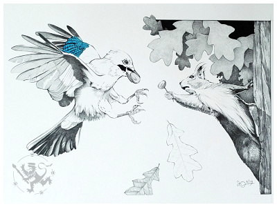 The Duell Eurasian Jay And Squirrel acrylics callmefafa duell eurasian jay handdrawing illustration pencil drawing squirrel