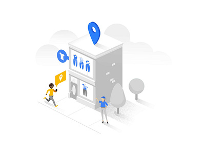 Google My Business elearning illustration blue characters clothing elearning elearning courses google google my business gradient grain grey illustration location product running shopping spending store tech women yellow