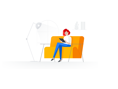 Google 'Skillshop' Landing page banner illustration blue character couch google gradient grey illustration learner line modernist mum orange product red relaxing simple tech vector woman yellow