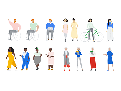 Google character designs bike blue character design curvy diversity dress google grain green illustration man poses product red skirt tech vector walk wheelchair yellow