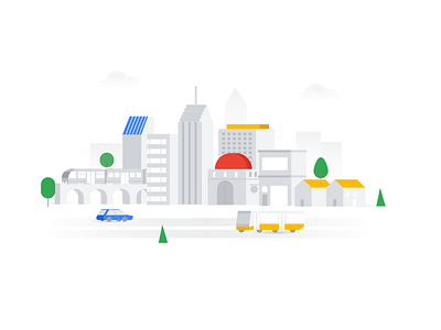 Google style city blue car city environment google gradient green grey house illustration minimal product red road skyscraper styleguide tree window yellow