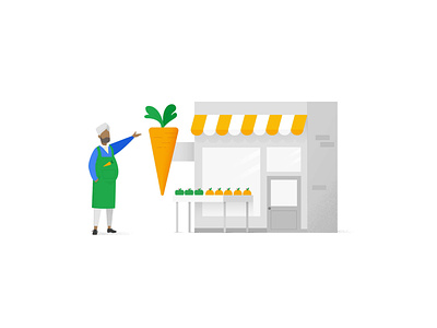 A shopkeeper and his store apple apron carrot character fruit google grain greys groceries illustration man orange scene shop keeper sikh simple stand store tech