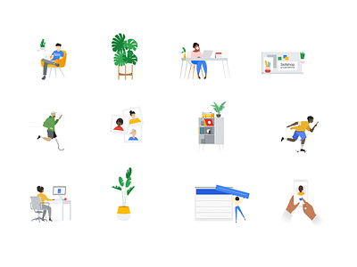 Google Skillshop sticker illustrations character characters desk device diversity elearning google illustrations learning like monsterra office photos plants product record player spots stickers studying tech