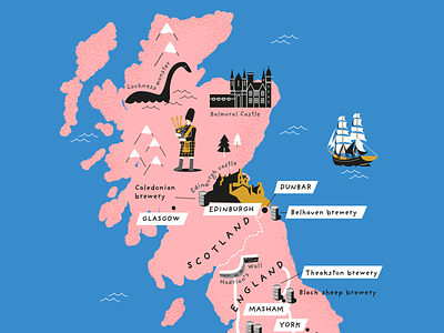 Beer bible Scotland map bagpipes balmoral castle blue books gold grain hadrians wall illustration lochness map map design organic pink publishing sails scotland ship stippling typography vector