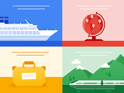 Travel ads ads ferry flat global glove grain illustration mountains no text primary colours suitcase train travel world