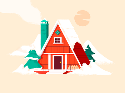 Swedish House cabin christmas cosy cream dry brush flat forest green holiday house illustration red rural snow sweden triangle white winter woods