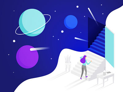 Space bright character colour dimension flares home illustration interior isometric meteor organic planets simple space surreal