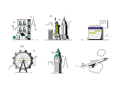 Travel Illustrations big ben blackandwhite calendar empire state eye flat hotel illustration london nyc plane simple statue of liberty travel