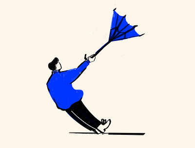 Caught in the wind blue character hand drawn illustration ink man minimalist organic procreate simple stencil umbrella wind