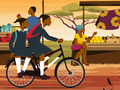 Cycling scene in rural Africa animation character design illustration