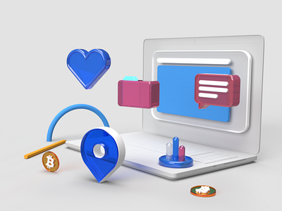 3D ICONS 3d bitcoin button heart icon illustration like messenger pin render ui design