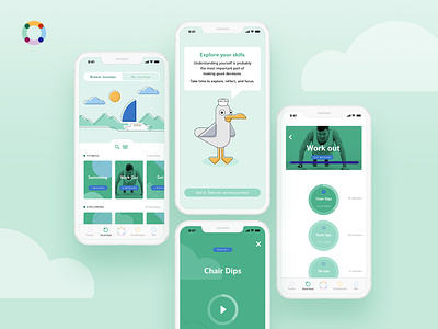 Lifestyle App app boat challenges character colour palette colours design icons illustration lifestyle mascot motivational nautical rewards sea seagull skills sports uxdesign wale