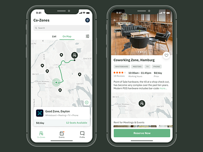 Workspace Details app coworking ios location map price reserve ui ux