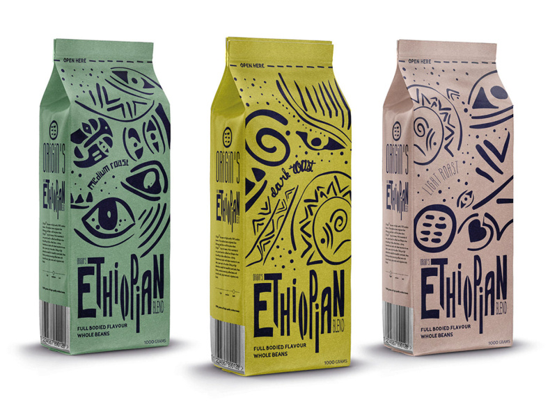 Origin’s coffee packaging for their different Ethiopian roasts. by